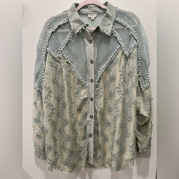 POL Sage Green Crochet & Embroidered Eyelet Pearls Button-Down Shirt - Picture 2 of 9
